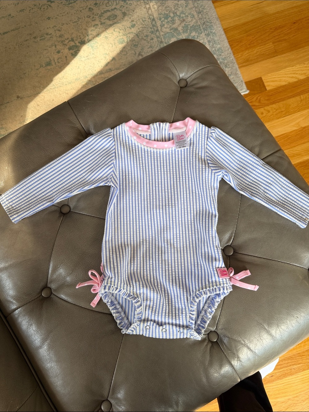 Ruffle Butts Blue-and-White Striped One-Piece with Pink Trim